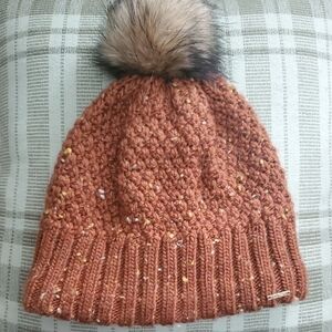 L.L. Bean Rust Knit Hat with Faux Fur Pom